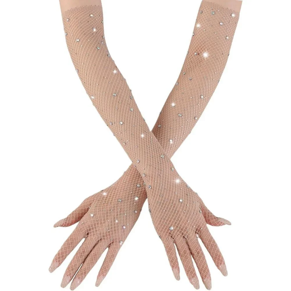 Women's Glitter Brown Rhinestone Elbow Length Long Gloves Halloween Party